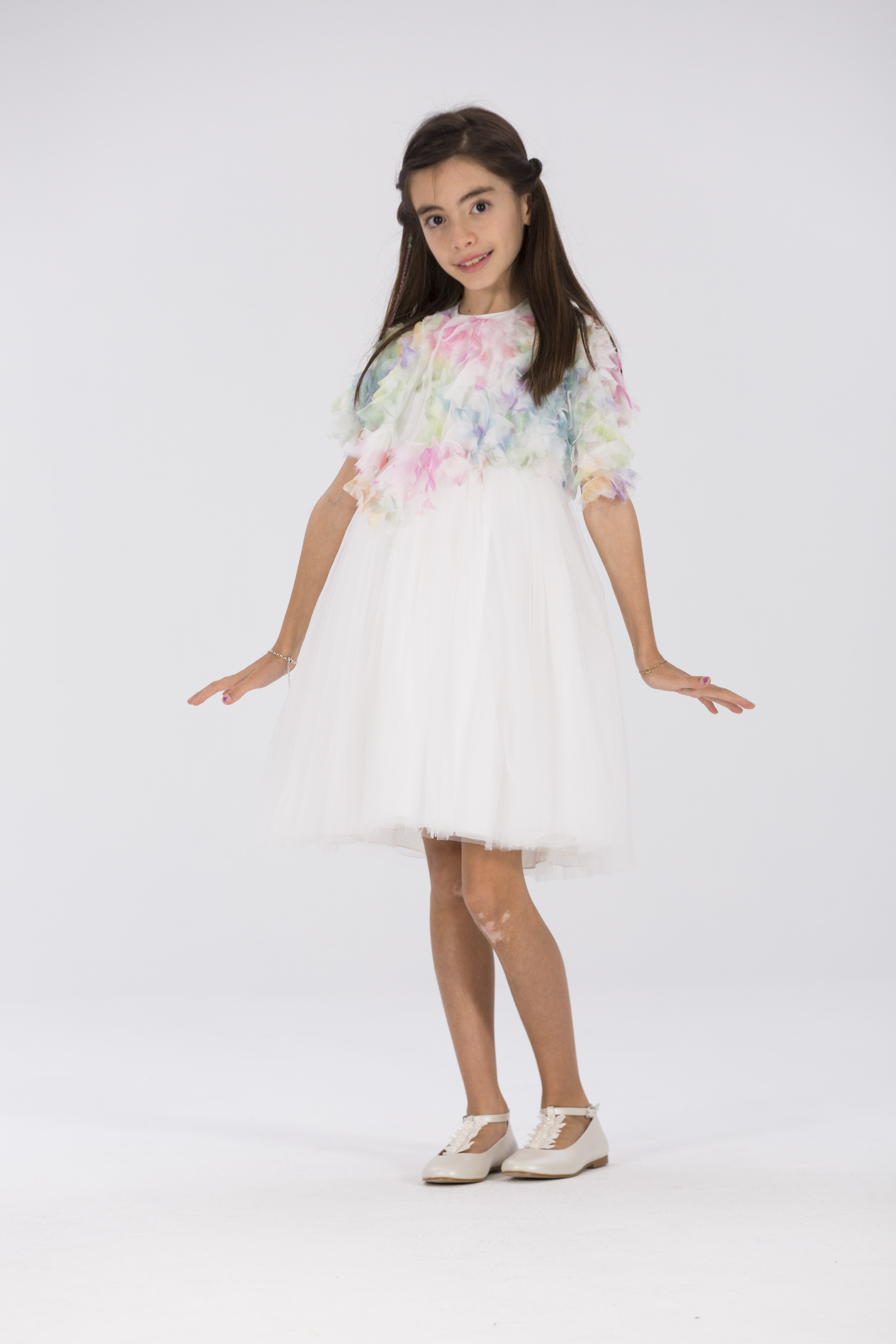 Girls | Off White Tulle Dress with Multicolor Poncho | Speranza