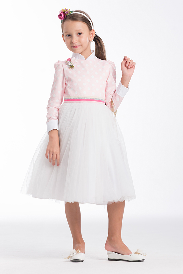 Pink and Off White Tulle dotted Girl Dress