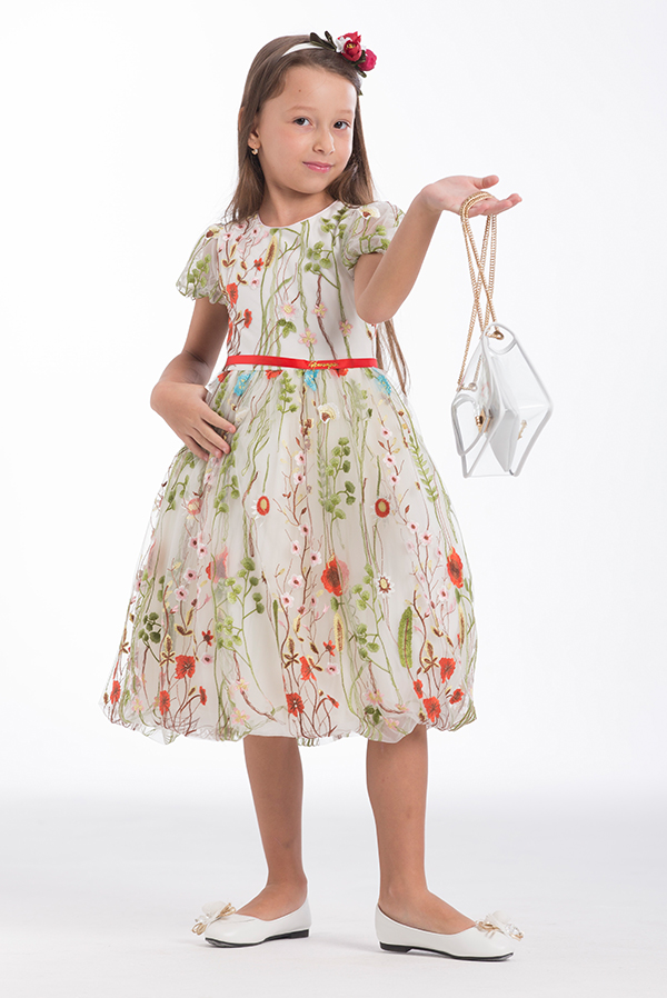 Off White and Red Green Floral Girl Dress